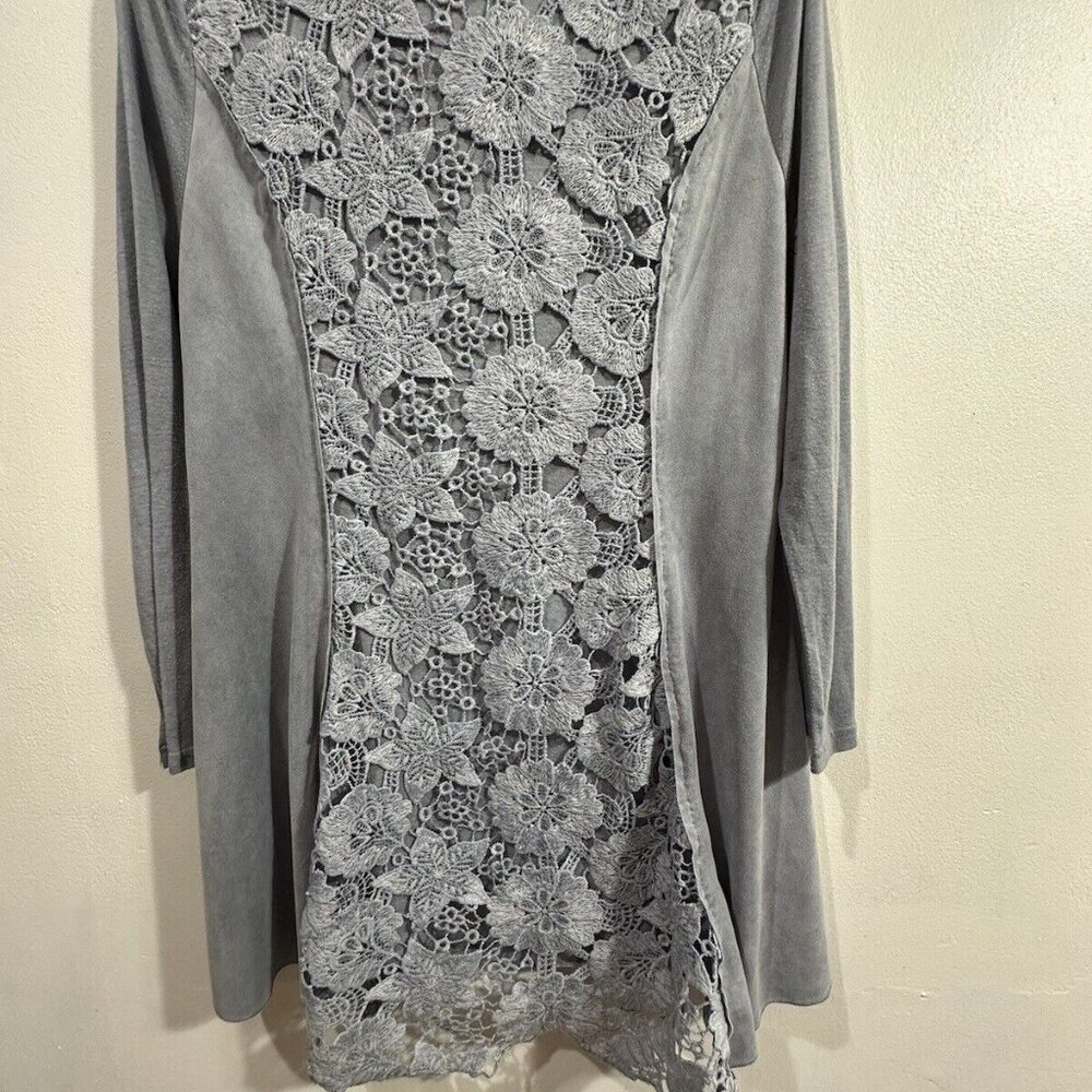Feratelli Women's Boho Art Top Gray Long Sleeve Tunic Style Lace Crochet SZ M - Picture 9 of 16